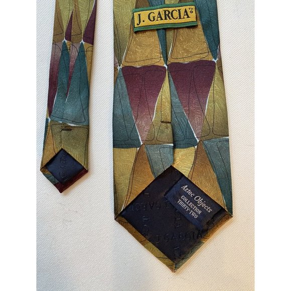 J Garcia Tie 100% Silk Aztec Objects Limited Edition Gold Avocado Green Wine - Picture 7 of 8